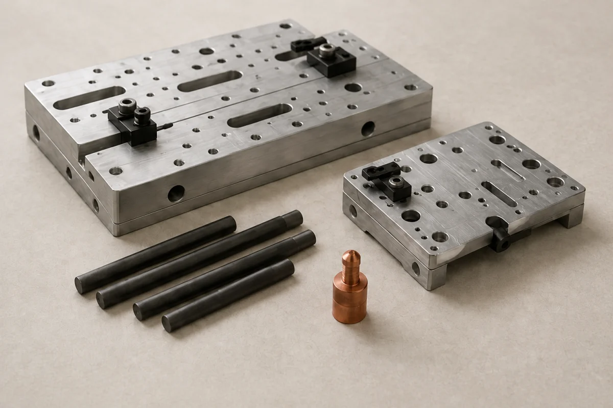Illustrative arrangement of machined aluminum fixture plates, graphite rods, and a copper locator