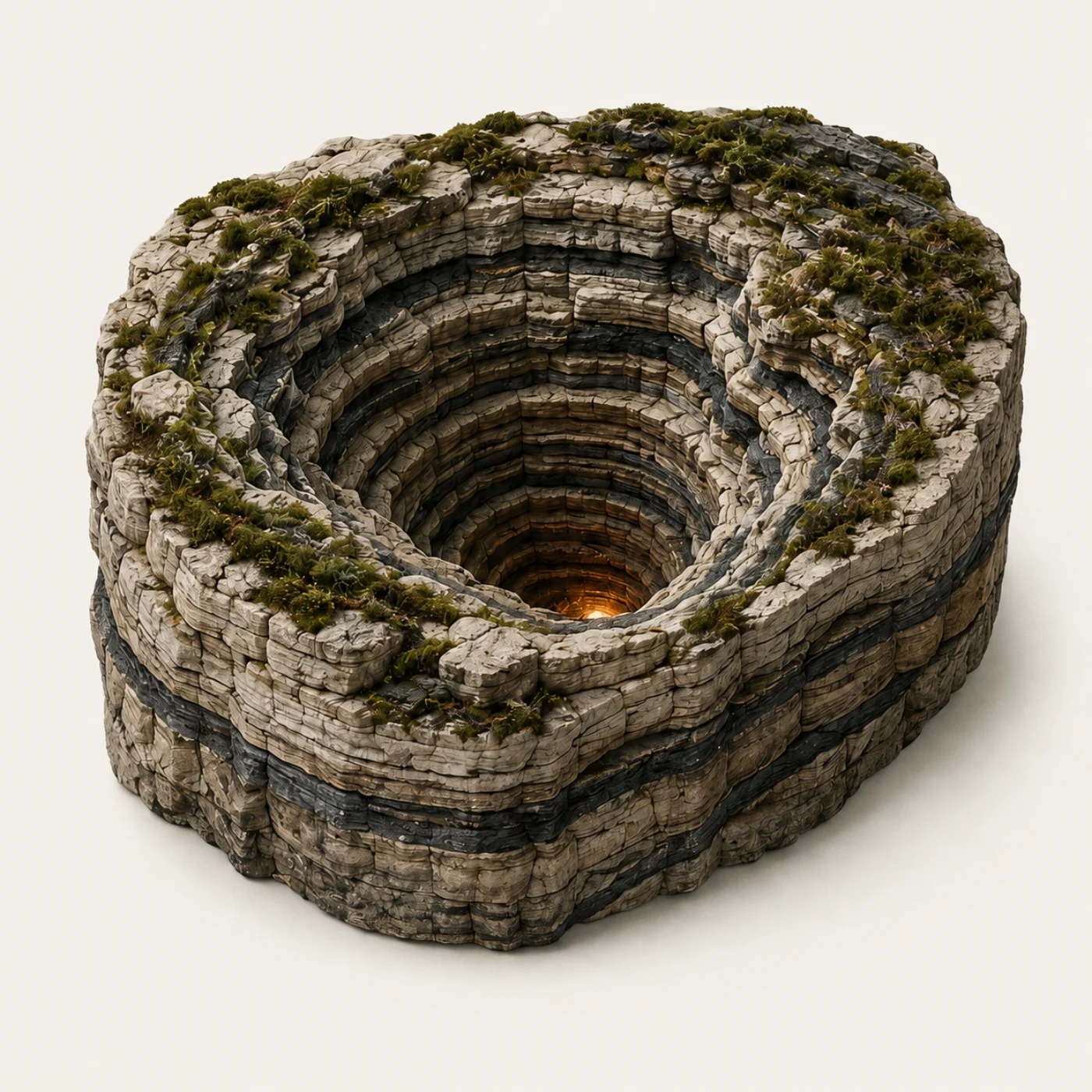 A sculpted limestone sinkhole with moss-lined layers and a warm light deep inside